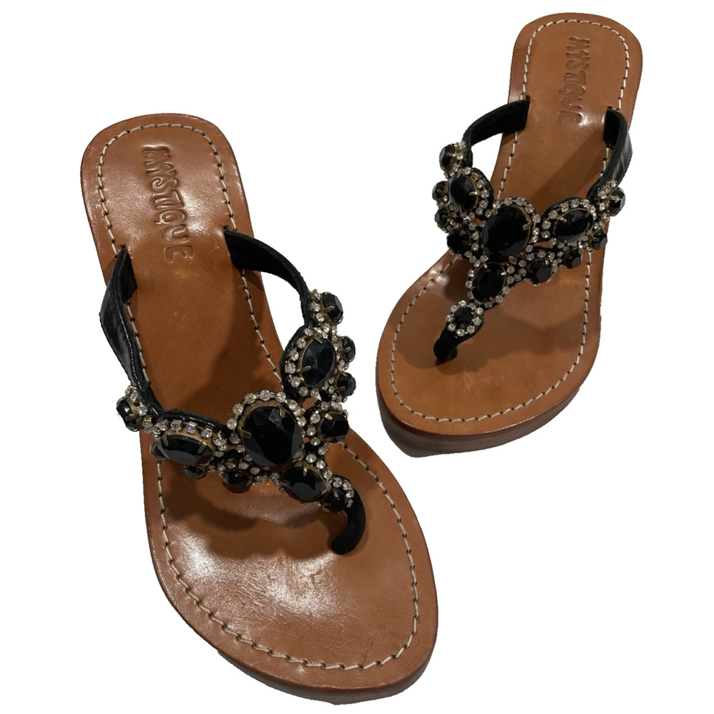 Mystique Leather Wedge Thong Black and Clear Rhinestone Sandal Women's Size 8